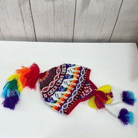 Colorful Andean Peruvian Knit Tassel Winter Hat Beaded Embroidered Boho main image 11